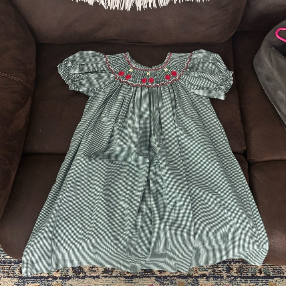 Charming Green and Red Smocked Kids Dress